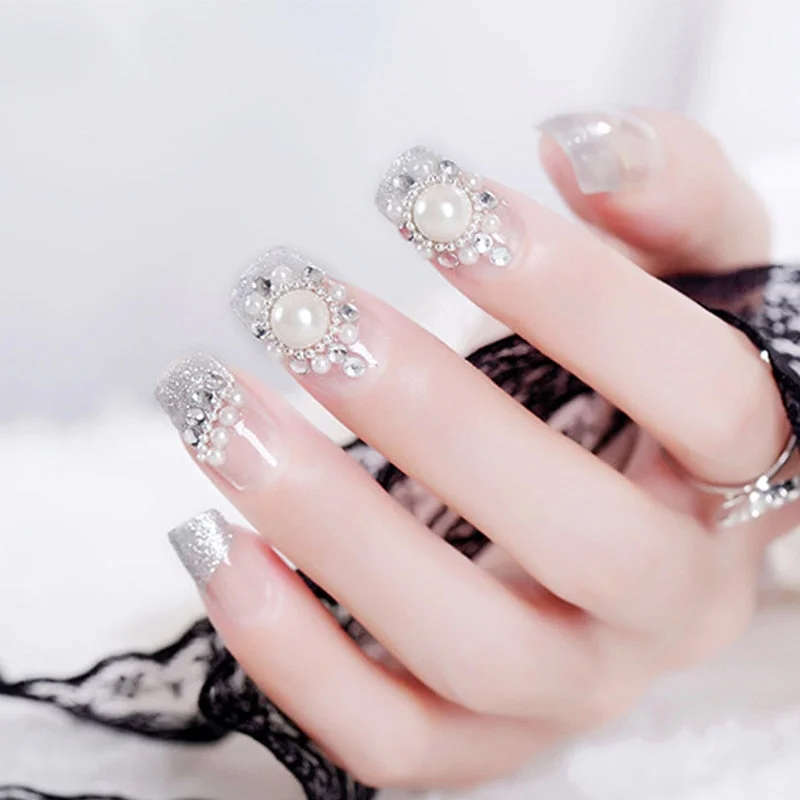 Wedding Beauty Fake Nails DIY Glitter Acrylic Full Cover Nail Art Tips with Glue Girls Shining Rhinestones Fashion False Nail-Nail Inspo