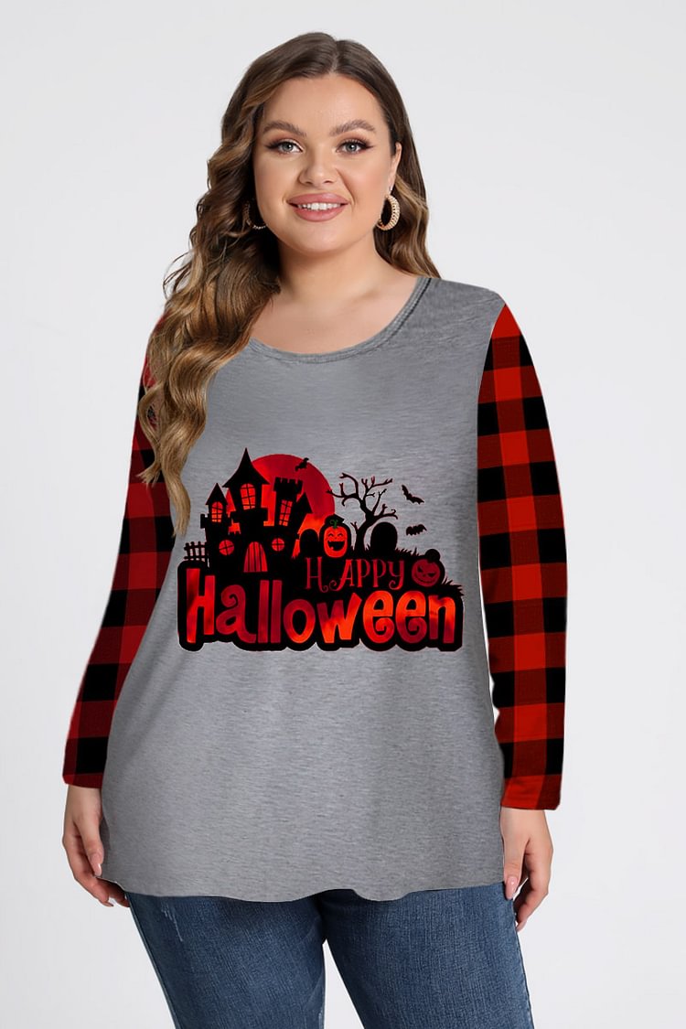 Flycurvy Plus Size Halloween Grey Plaid Stitching Letters Graphic Print T-Shirt  flycurvy [product_label]