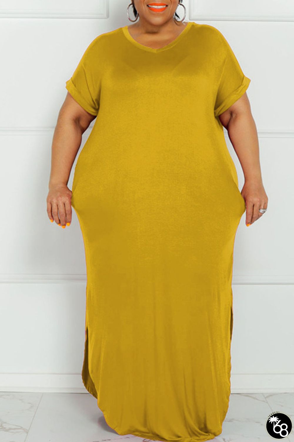 Yellow Casual Solid Patchwork Slit V Neck Straight Plus Size Dresses | 168DEAL