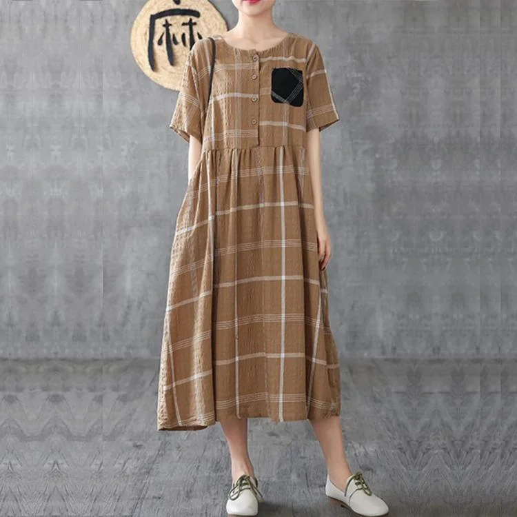 DIY khaki plaid linen Robes o neck pockets Plus Size Clothing summer Dress ( Limited Stock)
