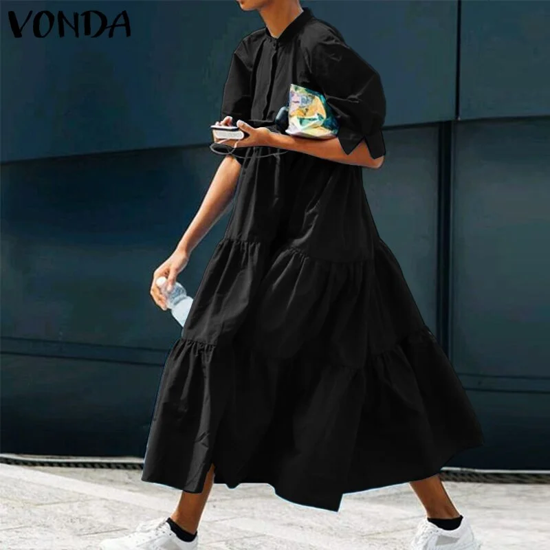 Mid-Calf Dress 2022 VONDA Woman Summer O Neck Short Lantern Sleeve Dresses Bohemian Party Vestidos Femme Mid-Calf Length Robes