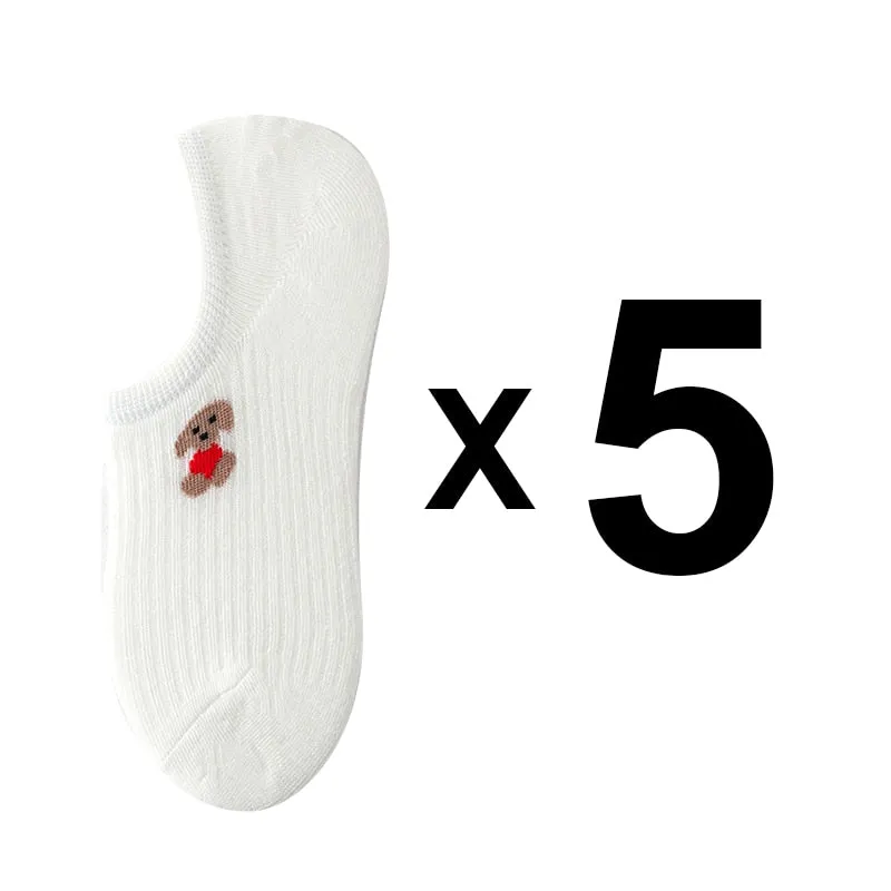 5 Pairs Kawaii Animal Print Women Socks Set Invisible Happy Fashion Ankle Funny Socks Set Girl Cotton Summer Slicone Non-slip