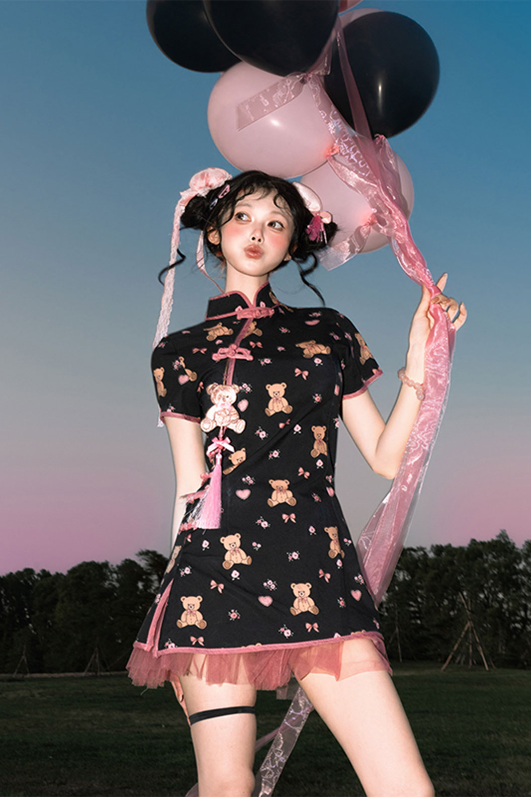 Modern Hanfu Black mandarin dress Cute Chinese Style Dress for Daily Wear - xiaoxiongpaidui 小熊派对 (Preorder) Stupa Stones