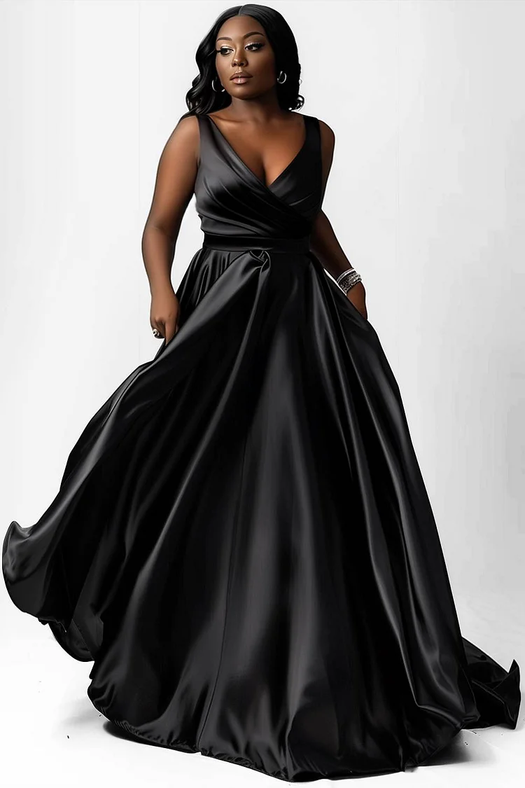 Xpluswear Design Plus Size Formal Black V Neck Satin Sleeveless Maxi Dresses [Pre-Order]