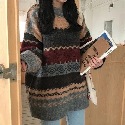 Vintage Knitted Sweaters Women Striped Pullovers Ladies Winter Jumpers Casual Knitwear Argyle Loose Sweater Streetwear 2021