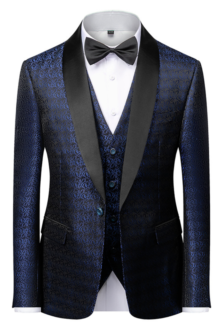 Dark Navy Modern Blue Floral Jacquard Wedding Suit With One Button | Ballbellas Ballbellas