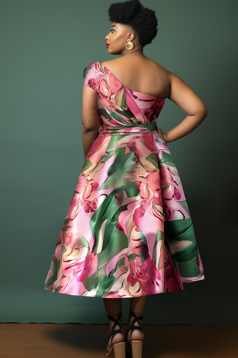 Design Plus Size Semi Formal Elegant Pink All Over Print Floral Spring Summer One Shoulder Satin Midi Dresses [Pre-Order]