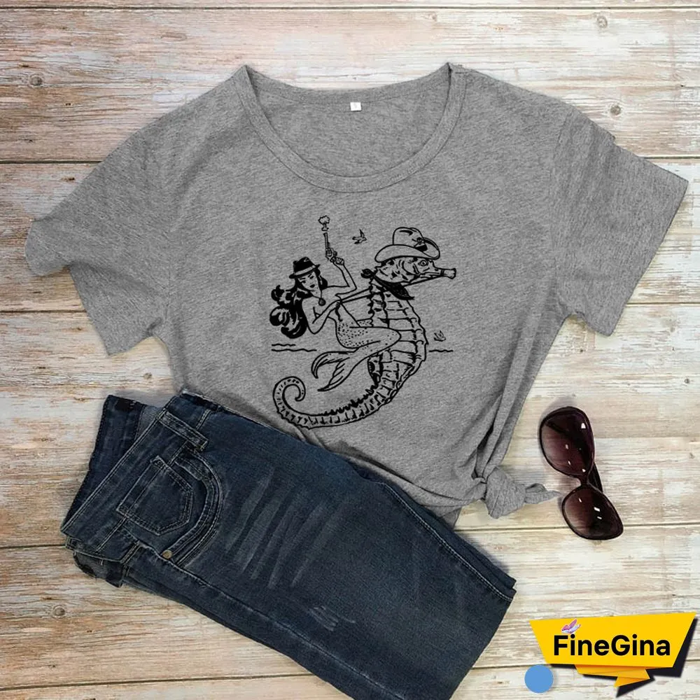 The Cowgirl Mermaid 100% Cotton T-shirt Aesthetic Sea-haw Rodeo Western Tshirt Funny Women Hipster Graphic Tee Shirt Top
