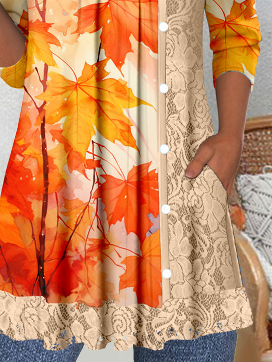 Women's Long Sleeve Scoop Neck Graphic Lace Buttons Top