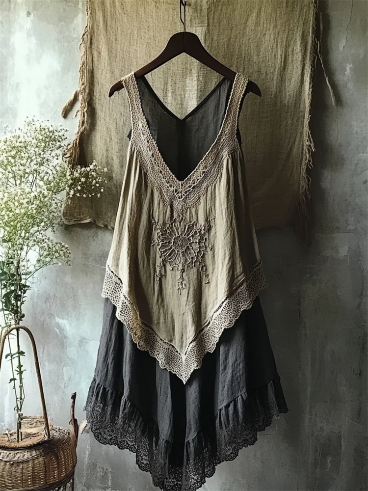 Vintage Boho Flower Lace Hem Linen Tank Dress