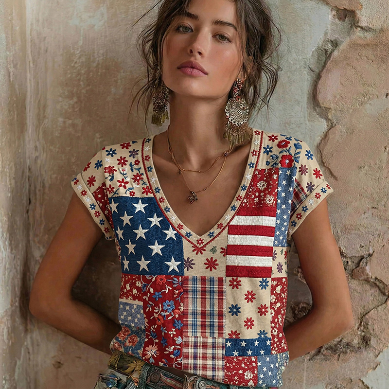 Comstylish Women's Retro Flag Floral Patchwork Art Pattern V-neck Short Sleeve T-shirt