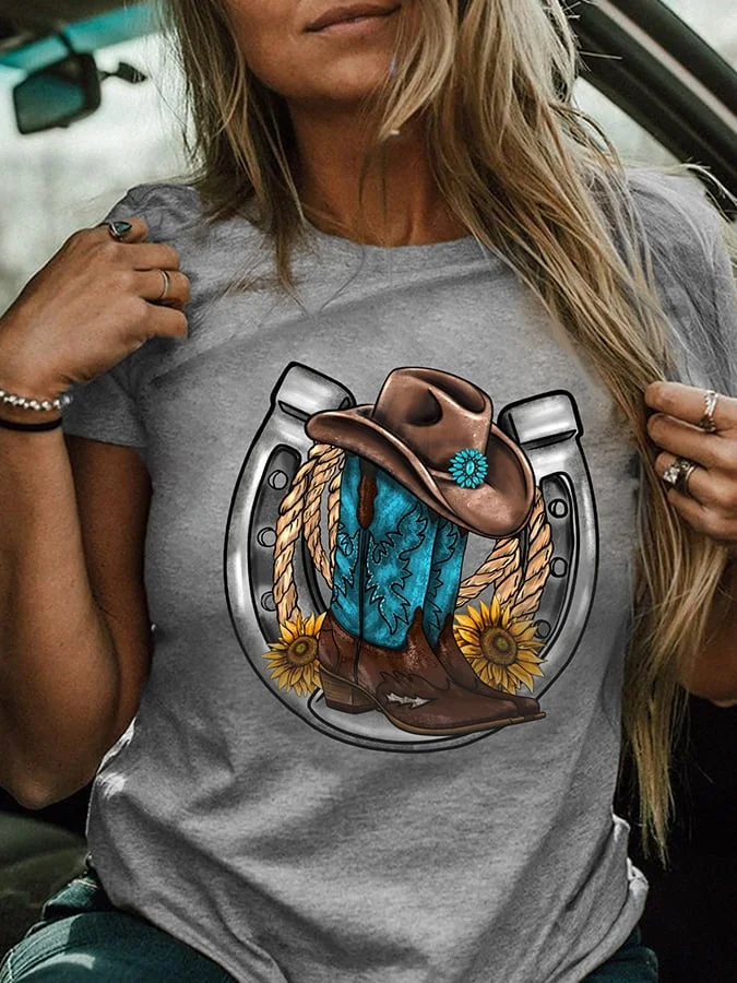 Women's Turquoise Western Boots Print Short Sleeve T-Shirt socialshop