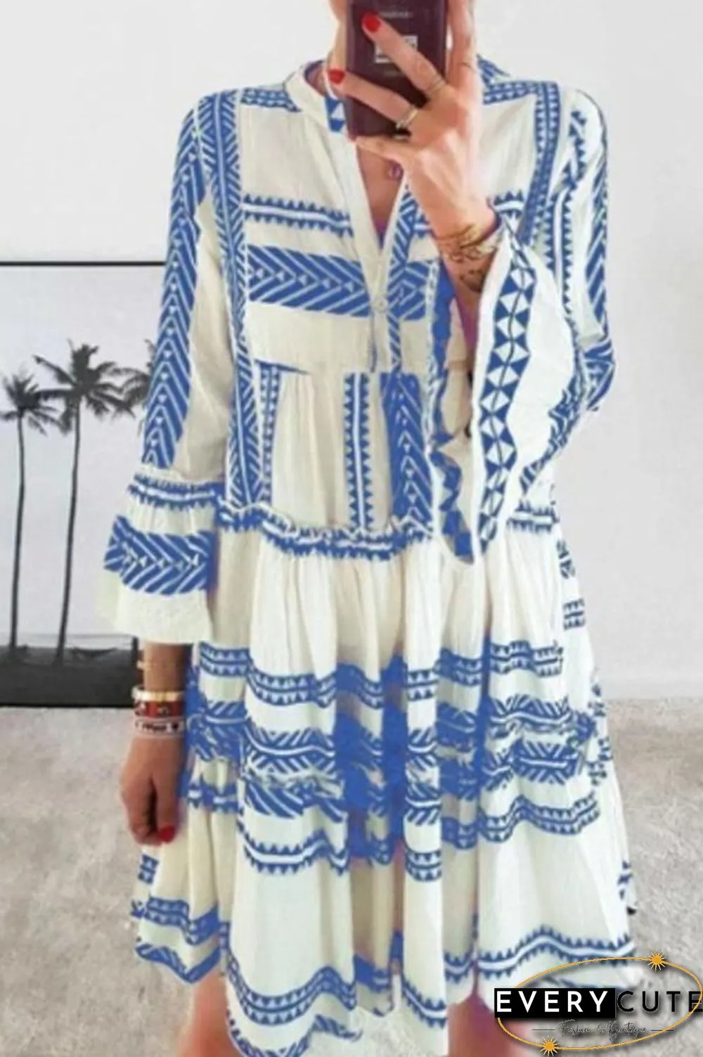 Geometric Printed V-neck Loose Mini Dress (3 Colors) P12103