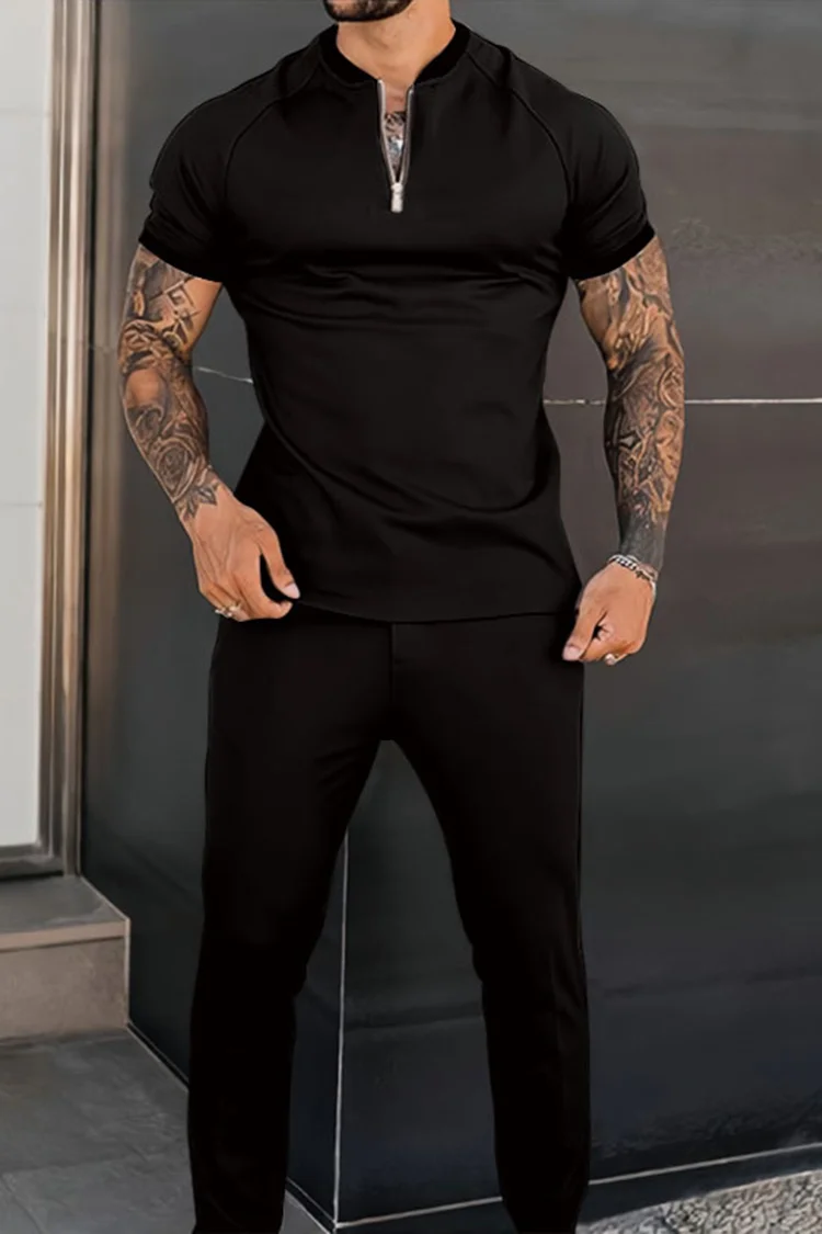 Tiboyz Men's Colorblock Casual Stand Collar Polo Set