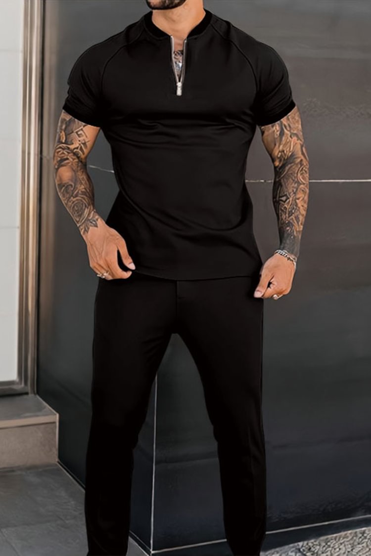 Tiboyz Men's Colorblock Casual Stand Collar Polo Set