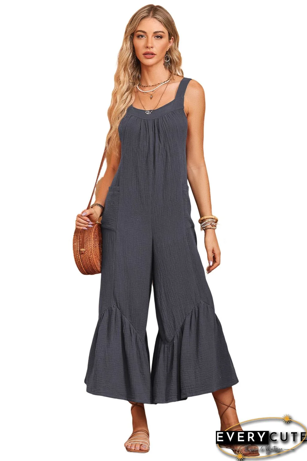 Gray Wide Leg Ruffle Jumpsuit