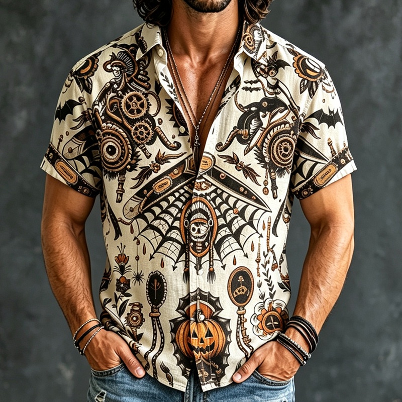 Men's Gothic Halloween Pumpkin Insect Mechanical Element Short-sleeve Shirt artswardrobe