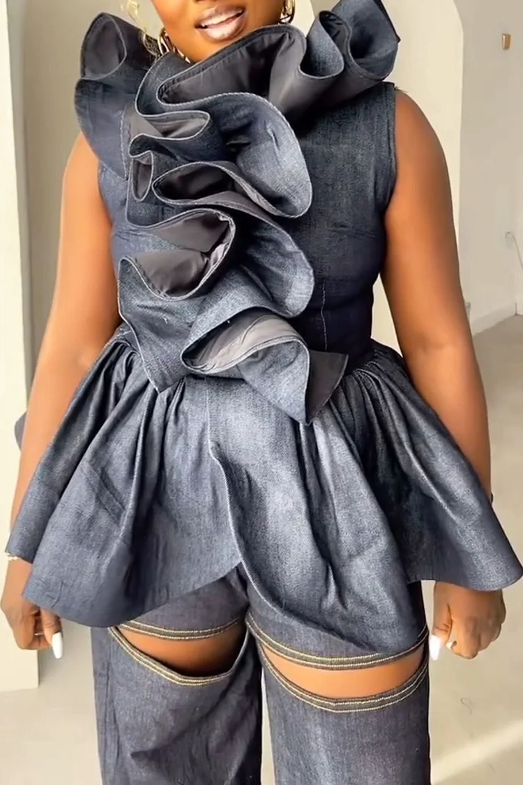 Plus Size Festival Blue Round Neck Ruffle Pleated Blouses [Pre-Order]
