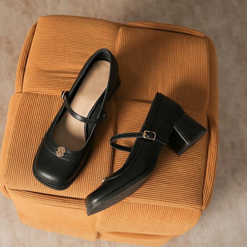 Tanguoant Tanguoant Mary Jane Shoes Female Camellia Thick Heel Single Shoes Hepburn Wind Professional Single Shoes Women's Word Buckle Square Head Shoes
