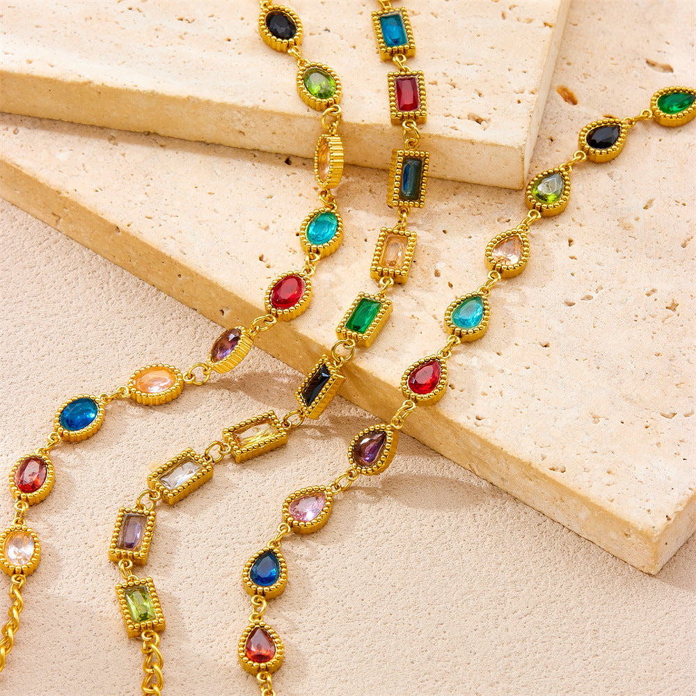 Fashionable Micro-Inlaid Geometric Colored Gemstone Chain Bracelet Oval Drop Square Ladies Stainless Steel Jewelry