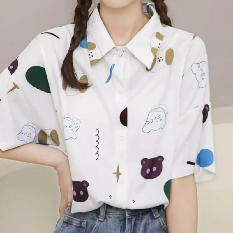 Cartoon Bear Print Lapel Casual T-Shirt