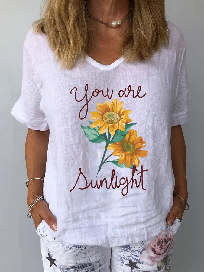 Women's Sunflower Print Loose V-Neck Short Sleeve T-Shirt