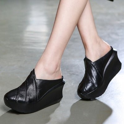 GKTINOO 2021 Genuine Leather Women Slippers 8 CM High Heels Wedges Summer Shoes Platform Retro Handmade Women Leather Slipper