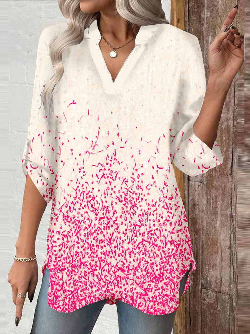 Women Polka Dot, Red DZGA0470 3/4 Sleeve V-neck Printed Graphic Button Tops