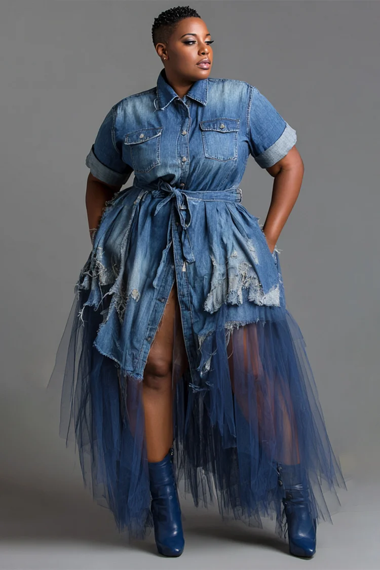Xpluswear Design Plus Size Party Tulle Blue Shirt Collar Short Sleeve Ripped Pocket Denim Midi Dresses [Pre-Order] 2024 - Xpluswear