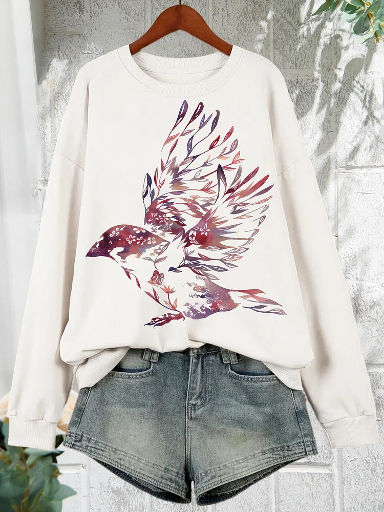 100% Cotton Women's Flowers Bird Graphic Art Print Long Sleeve T-Shirt Thin Sweatshirt