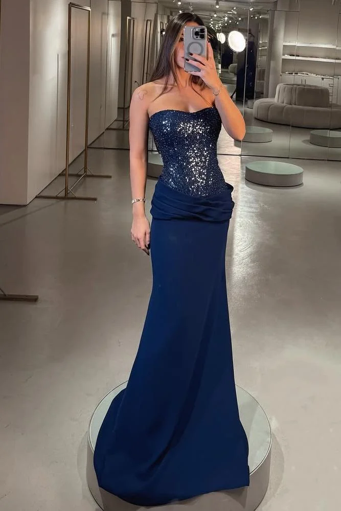 Strapless Sleeveless Long Mermaid Prom Dress With Pleated Sequins XJ0628