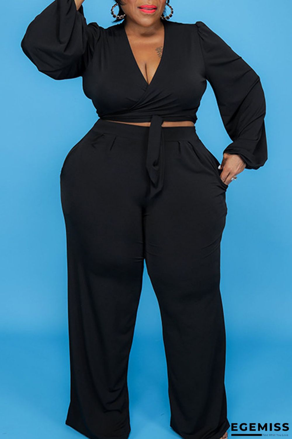 Black Casual Solid Bandage Patchwork V Neck Plus Size Two Pieces | EGEMISS