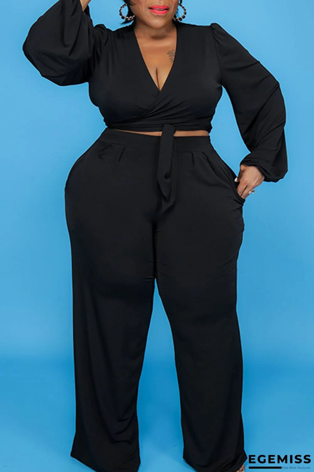Black Casual Solid Bandage Patchwork V Neck Plus Size Two Pieces | EGEMISS