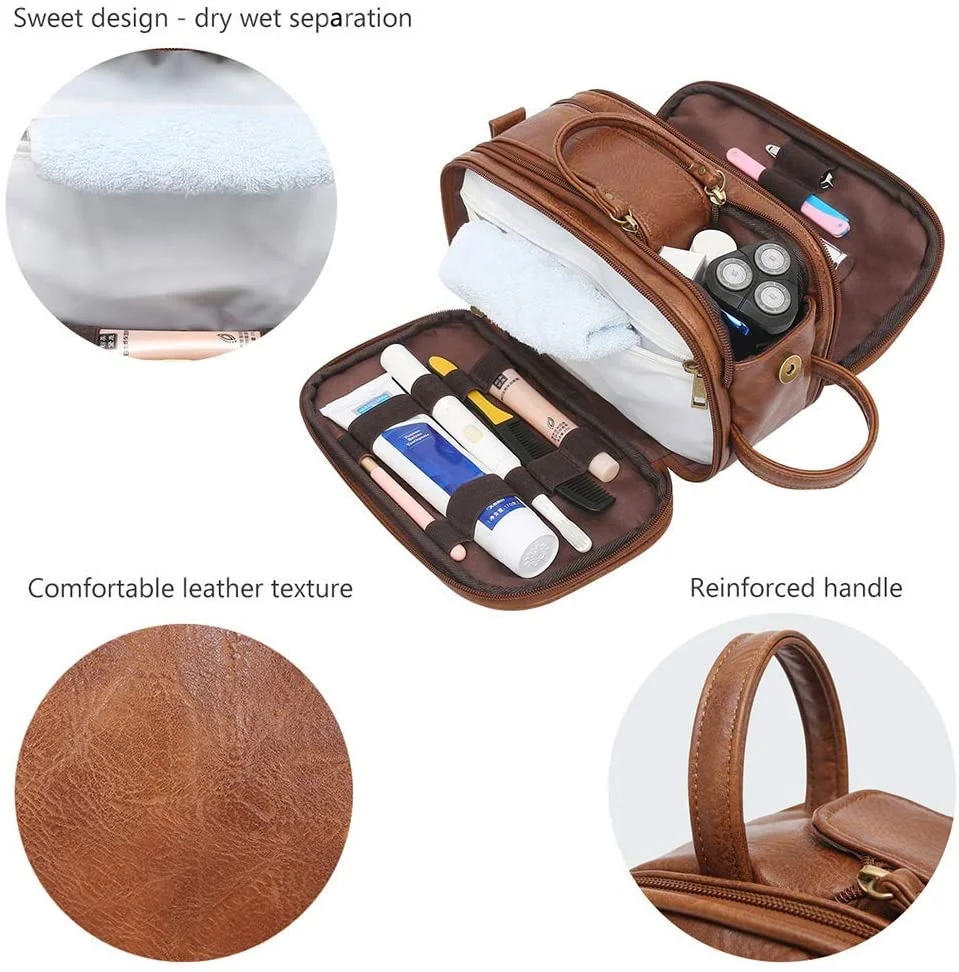 Toiletry Bag for Men, Large Capacity Travel Shaving Dopp Kit All In One Bathroom Toiletries Organizer Leather Cosmetic Bag (Brown)