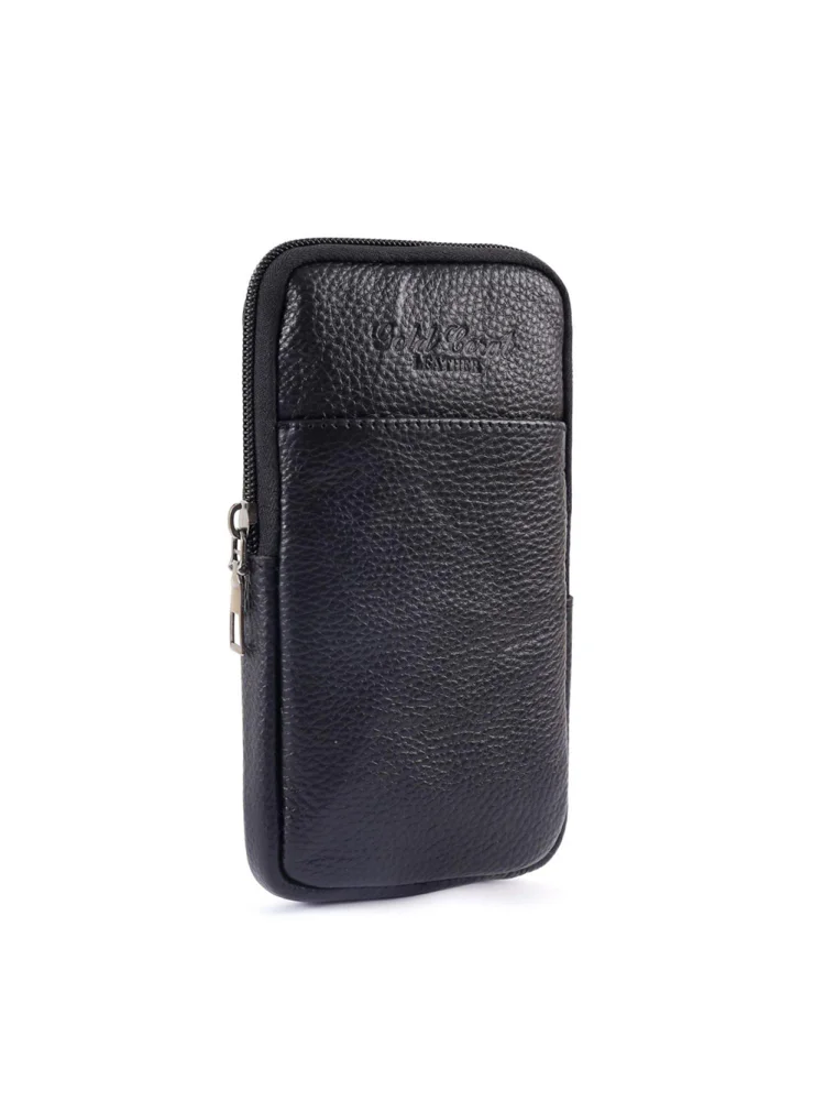 Men Vintage Pure Color Cowhide Small Waist Packs Wallet Phone Bag (Black)