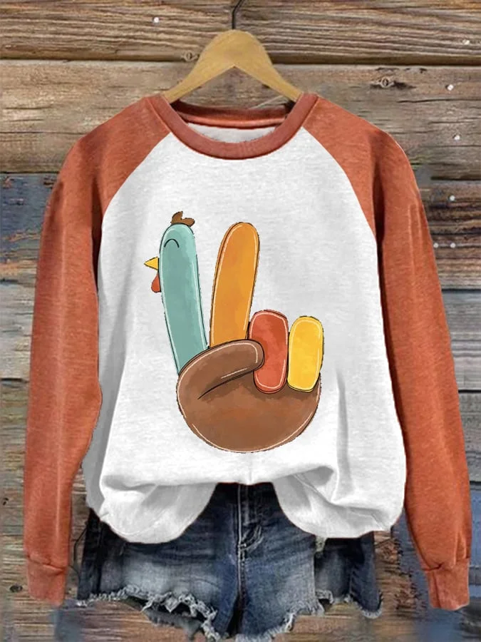 Women's Thanksgiving Hand Gesture Yay Cute Turkey Print Sweatshirt