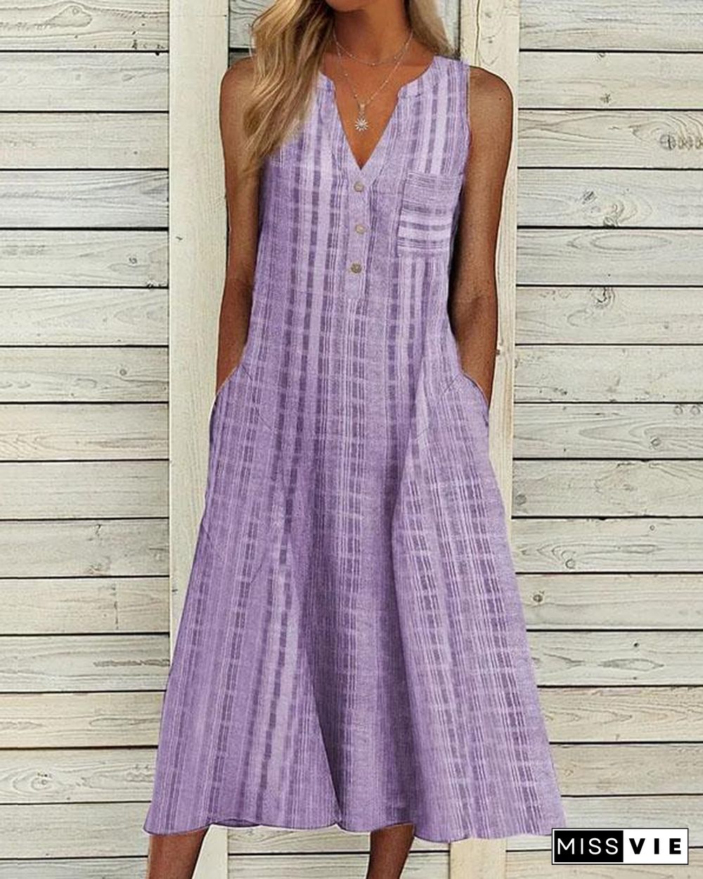 Sleeveless Button V Neck A Line Dress