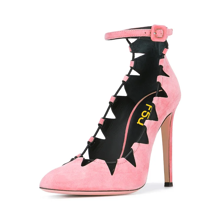 Women's Pink Vegan Suede Hollow-Out Ankle Strap Stiletto Heels Shoes |FSJ Shoes