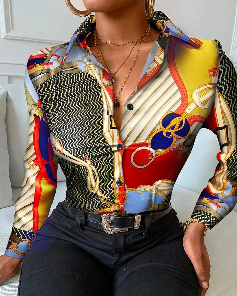 Scarf Print Colorblock Buttoned Long Sleeve Shirt