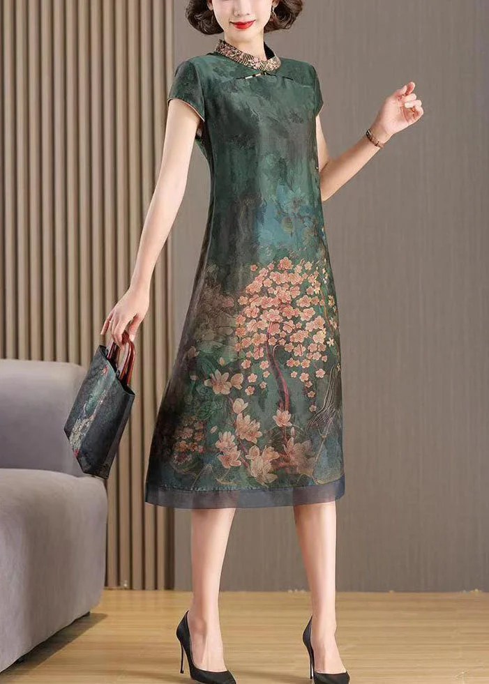 Chinese Style Green Stand Collar Embroideried Patchwork Silk Dresses Summer