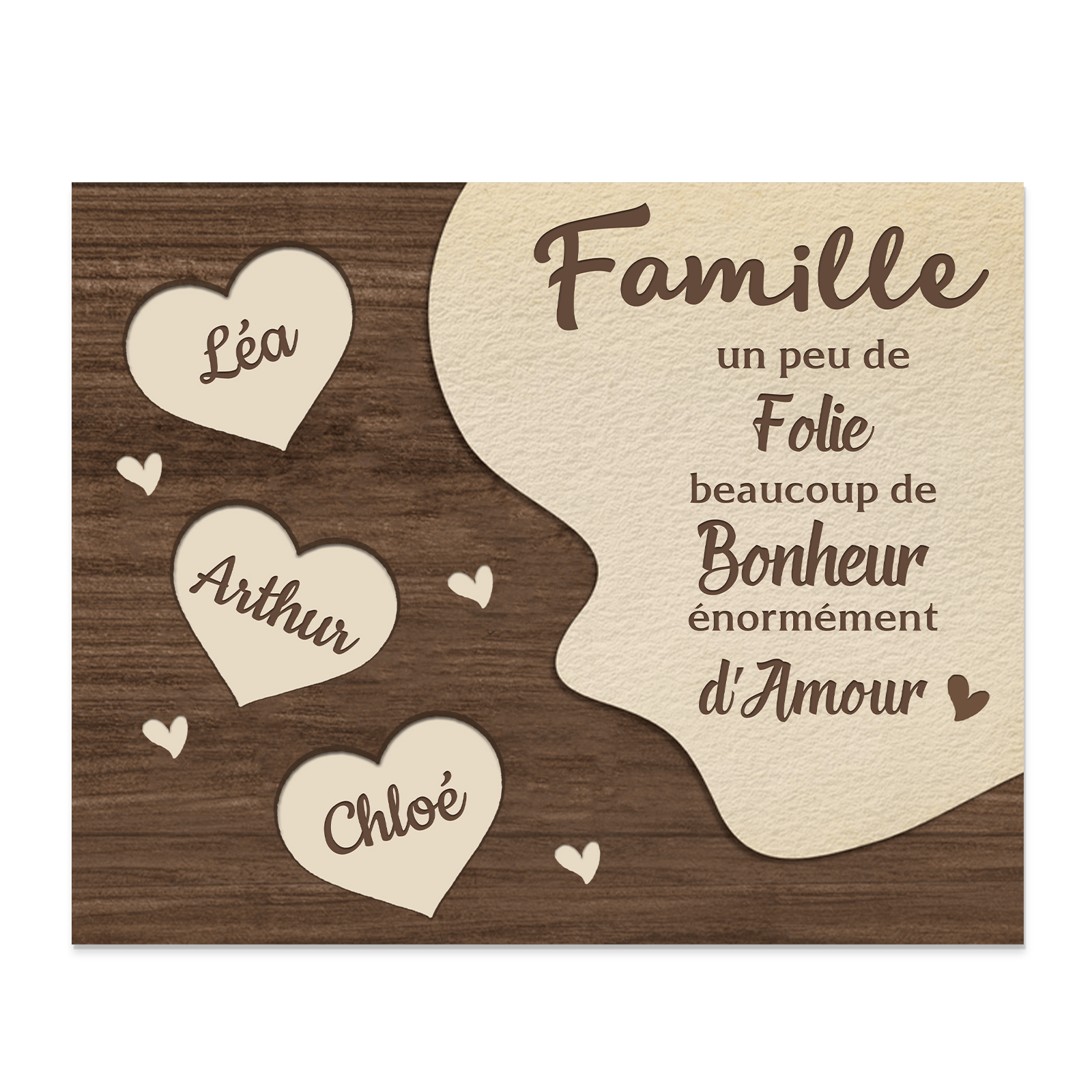 Cadre en Bois Cœur 3 Prénoms Personnalisés pour Famille
