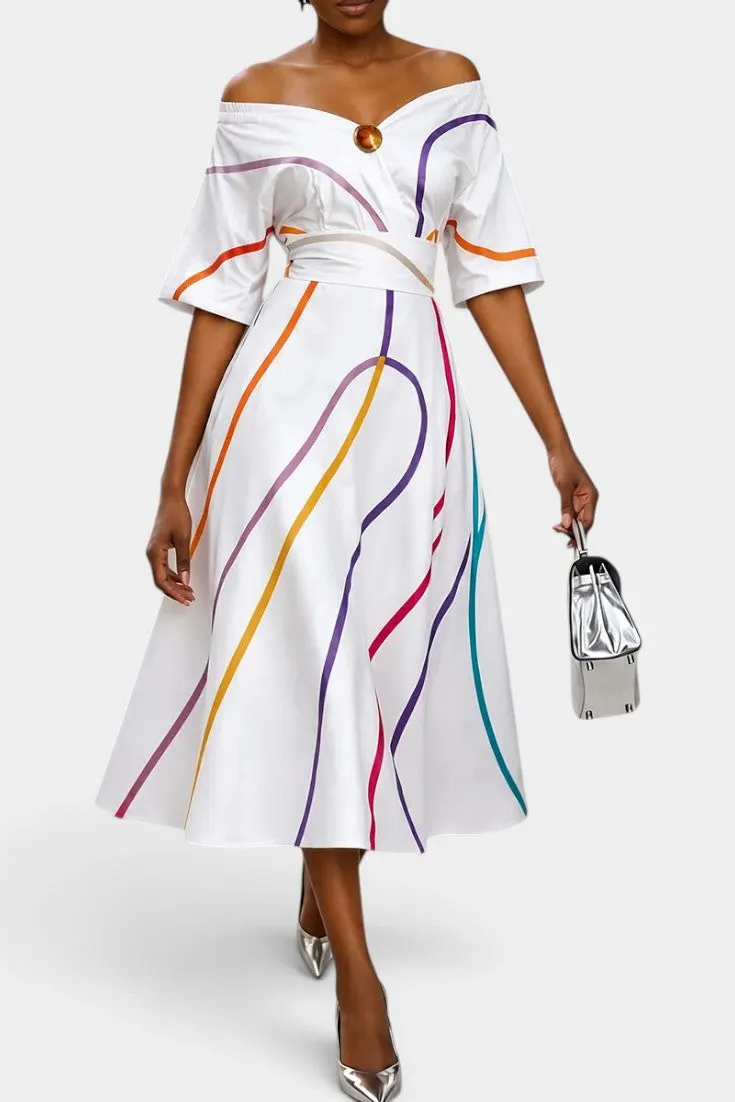 Off-the-Shoulder Graphic Midi Dress with Smocked Waist