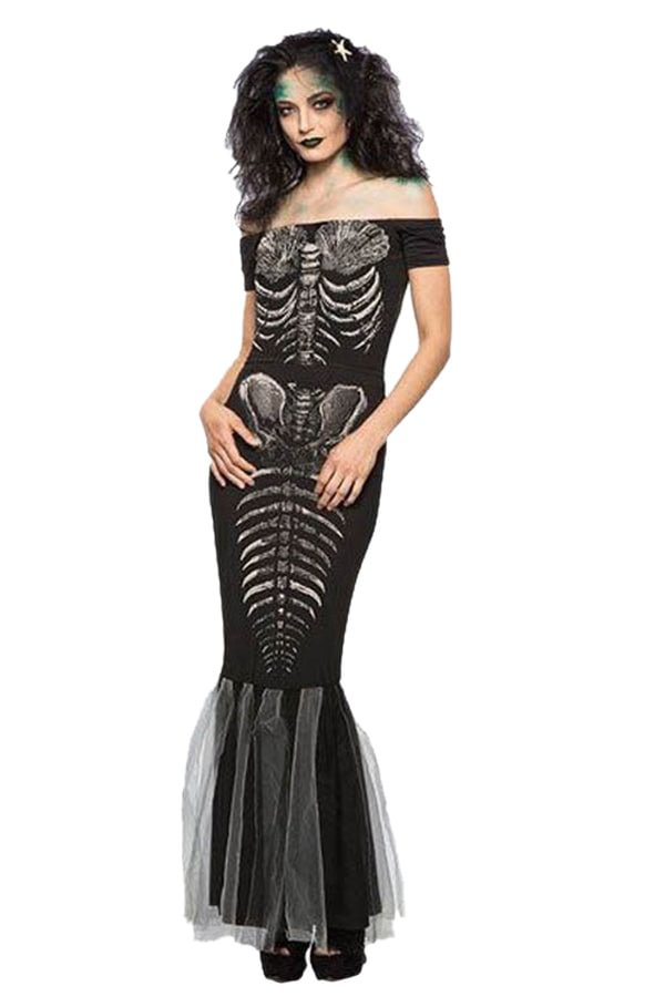 Womens Halloween Party Skeleton Mermaid Costume Black-elleschic