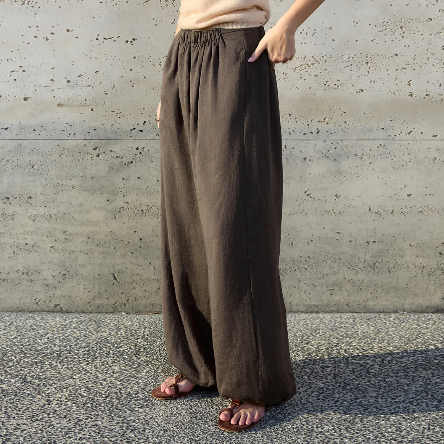 Women's Ramie Wide Leg Pants High-Waisted Elastic Waist REAL SILK LIFE