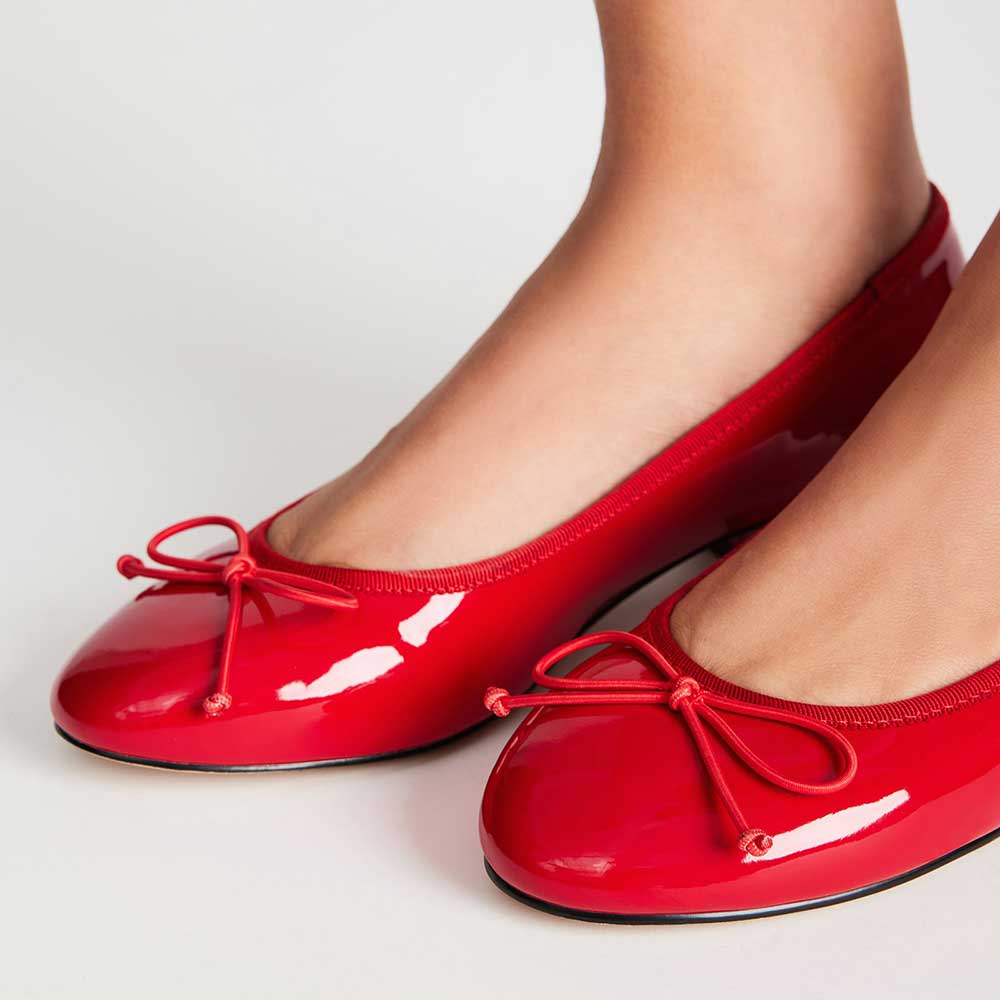 Red Patent Leather Round Toe Chunky Heel Pumps with Bow Nicepairs