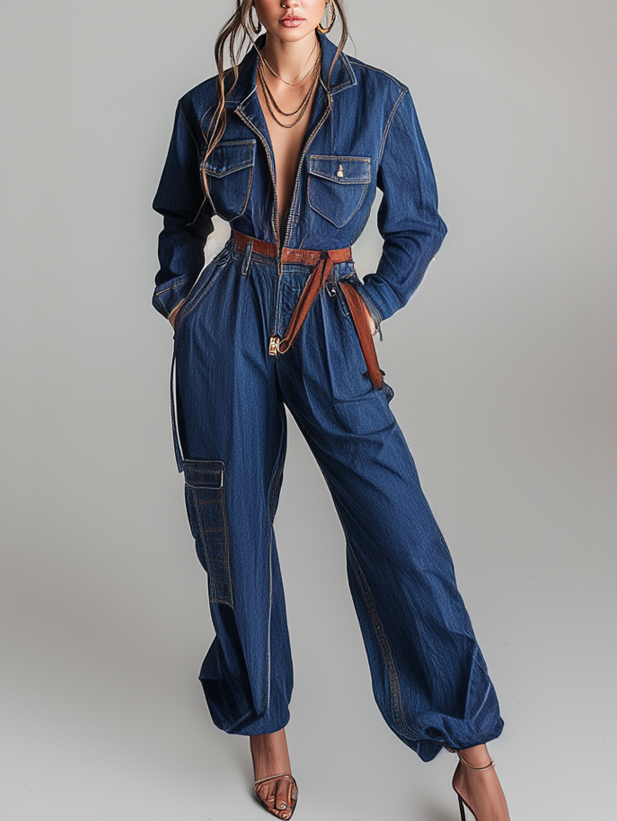 Ursime Denim Lapel Collar Long Sleeve Cargo Jumpsuit