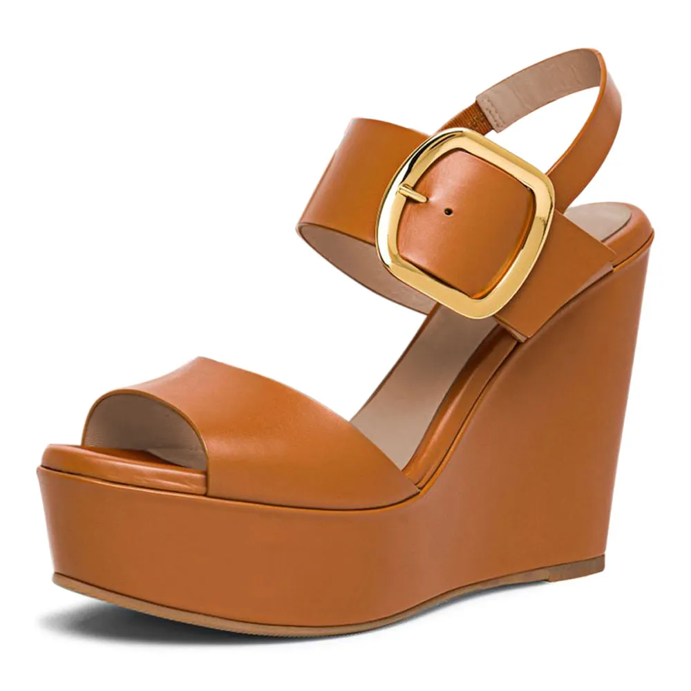 Fashion Round Toe Wedge Heel Platform Women's Sandals in Brown
