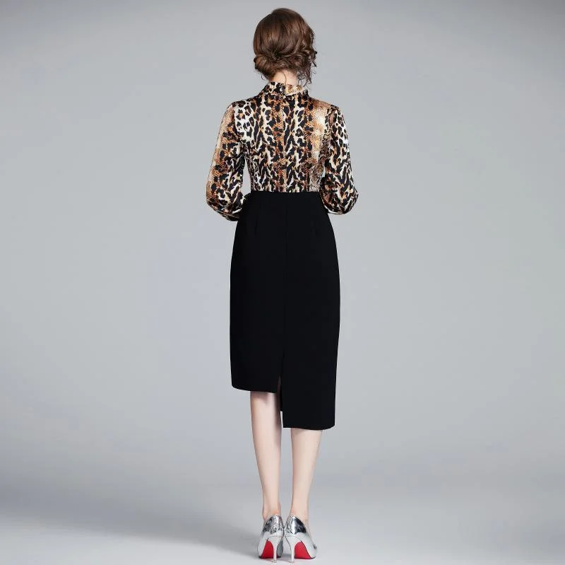 Leopard print stitching irregular skirt slim slimming dress