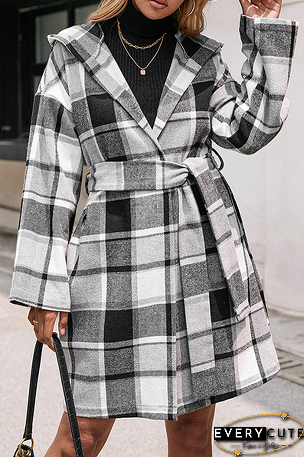 Fashion Elegant Geometric Pocket With Belt Hooded Collar Outerwear