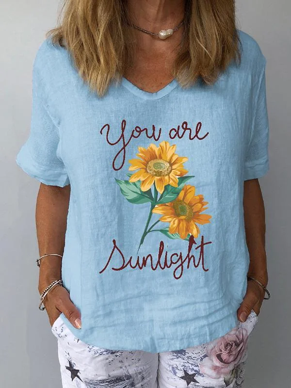 Women's V-neck Loose You Are Sunlight Linen Print Short Sleeve T-shirt-Mayoulove